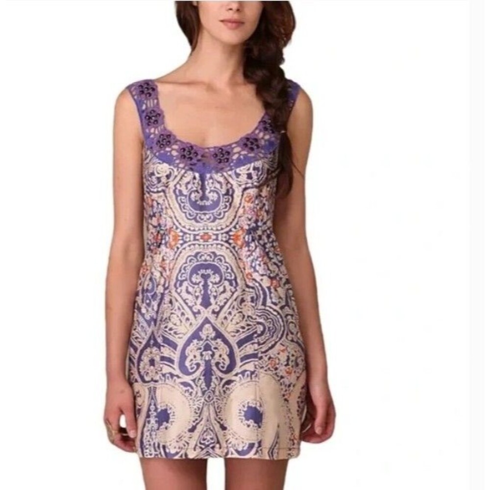 Free People Folklore Paisley Dress Womens Size 4 Jewel Trim Boho